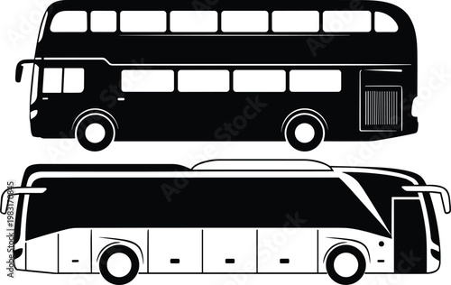Black and white silhouette illustrations of double‑decker bus and coach bus showing public and long‑distance transport designs