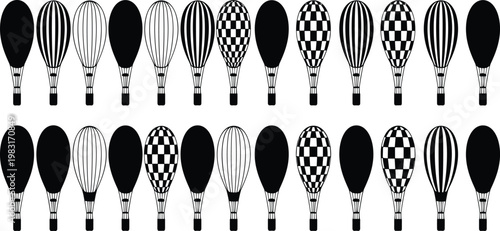 Black Silhouette Set of Hot Air Balloons Including Striped Checkered and Solid Patterns for Adventure Travel Festival Celebration and Outdoor Sky Recreation Design Projects