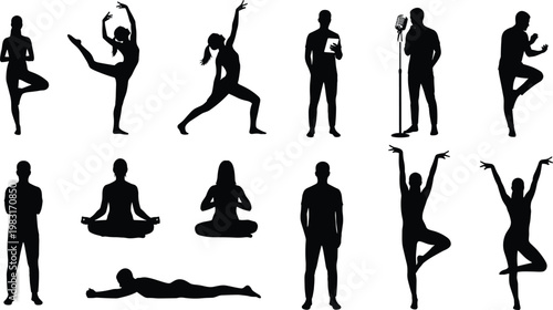 Black Silhouette Set of People Doing Various Activities Including Yoga Poses Ballet Dancing Singing Into Microphone Meditating Standing and Athletic Exercises for Lifestyle Design