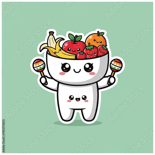 Cartoon character with fruit bowl.