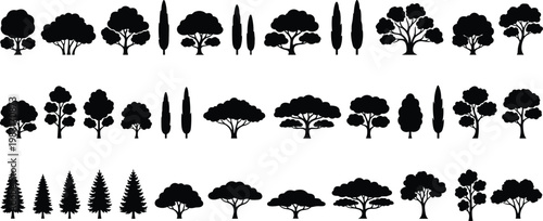 Black Silhouette Set of Various Tree Shapes Including Pine Cypress Oak and Deciduous Trees for Nature Landscape Design Forest Environment and Outdoor Garden Projects