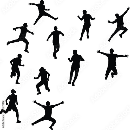 Black silhouette illustration of eleven people in dynamic poses showing jumping, running, stretching, and energetic human motion