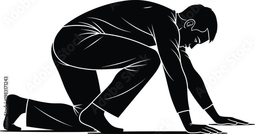 Businessman starting position silhouette ready to run crouching male figure vector illustration isolated for competition, success and motivation design use