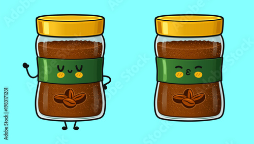 Cute kawaii coffee jars with happy and kissing faces