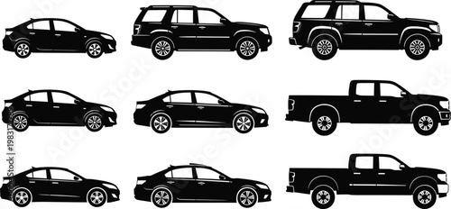 Car silhouettes collection including sedan SUV and pickup truck, black vehicle vector illustration set isolated on clean background for transport design
