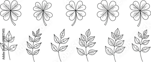 Clover and leaf outline collection vector illustration botanical elements set minimal line art isolated for nature design projects