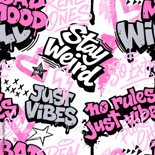 Abstract seamless chaotic pattern with graffiti words. Grey Grunge texture background. Fashion girl urban  style Wallpaper