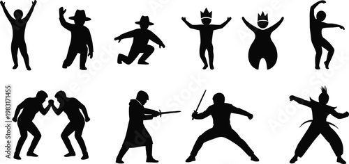 Collection of human silhouette figures performing dancing fighting and action poses isolated vector icons set for creative design projects