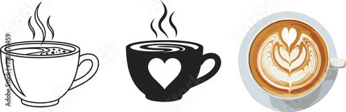 Coffee cup set vector illustration featuring hot beverage mugs, latte art and steaming drinks, cafe concept isolated on clean background