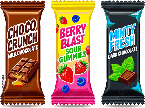 Isolated a realistic kinds of deferent candy sleeve vector art with white background.