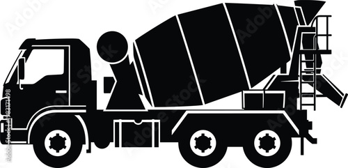 Concrete mixer truck silhouette vector illustration, construction vehicle with rotating drum isolated on white background for building and industrial design