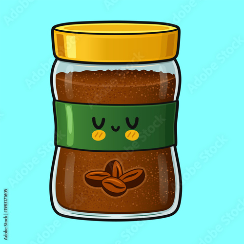 Cute instant coffee jar character smiling on blue
