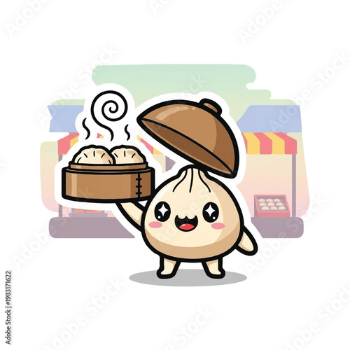 Cartoon dumpling character holding steamed buns.