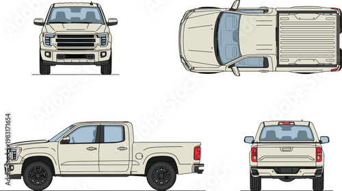 Detailed beige pickup truck illustration showing front, top, side, and rear views with crew cab and short bed