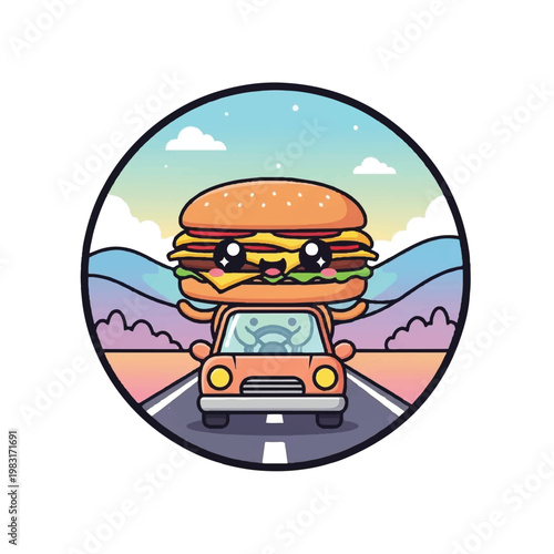 Cartoon hamburger driving a car fast.