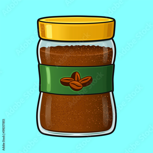 Instant coffee granules in glass jar with label