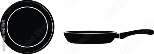 Frying pan silhouette top and side view kitchen cookware vector illustration isolated black design for cooking and food use
