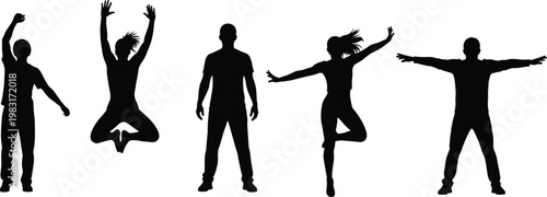Happy people silhouette vector set, jumping and standing human figures expressing joy isolated on white background for lifestyle concepts