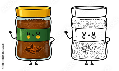 Kawaii instant coffee jar character and coloring page
