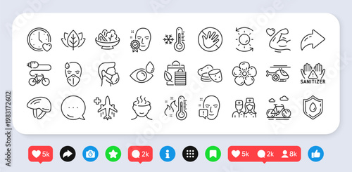 Potato, High thermometer and Sick man line icons pack. Social media: share, comment, like icons. Sun protection, Bike, Blood donation web icon. Vector
