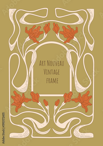 Art Nouveau vintage frame with decorative iris flowers. Vector.