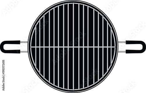 Round barbecue grill top view outline illustration cooking utensil vector isolated black design for kitchen, food and outdoor BBQ use