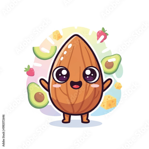 Cartoon walnut character with big eyes.