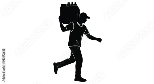 Delivery man carrying package running on sidewalk in urban setting with courier bag on shoulder