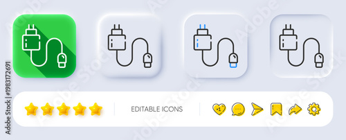 Charging cable line icon. Neumorphic, Flat shadow, 3d buttons. Mobile accessories sign. Charge adapter symbol. Line charging cable icon. Social media icons. Vector
