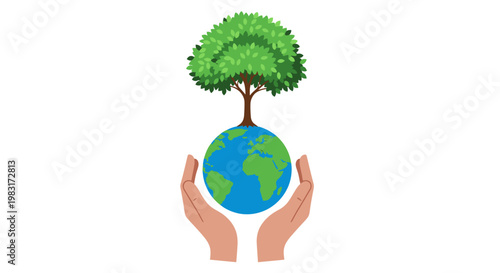 Caring hands cradling the planet Earth with a vibrant green tree growing, symbolizing global environmental protection and sustainable future