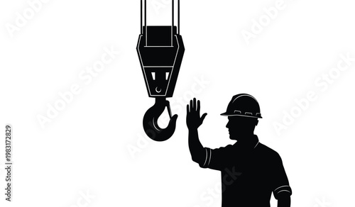 A stark black silhouette depicts a construction worker signaling near a heavy duty industrial crane with a hook representing workplace safety high quality professional