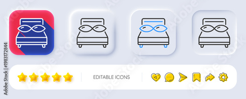 Bed pillows line icon. Neumorphic, Flat shadow, 3d buttons. Night sleep rest sign. Comfort bedtime symbol. Line pillows icon. Social media icons. Vector