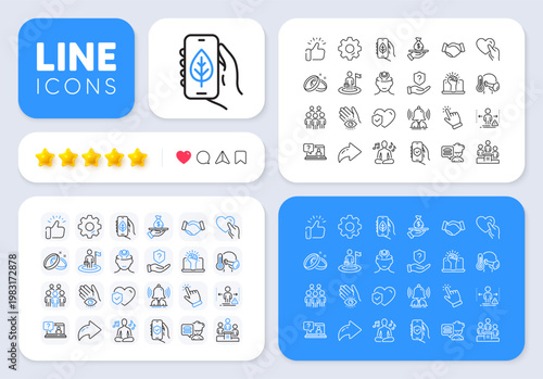 Meditation eye, Leadership and Social distance line icons for web app. Message, Share, Like social media icons. Pack of Group people, Business podium, Life insurance pictogram icons. Vector