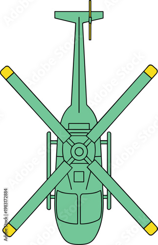 Top view helicopter illustration showing green body with yellow rotor tips, aviation aircraft design for stock artwork