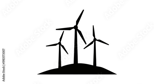 Silhouette of three wind turbines on a hill with a small clump of trees, representing renewable energy and sustainability