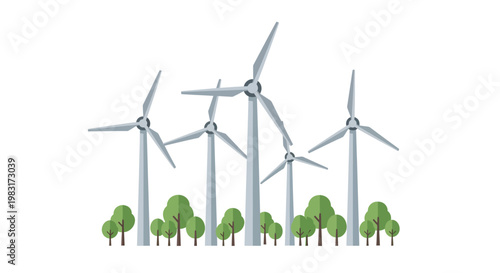 Renewable Energy Wind Turbines Generating Power in a Lush Green Landscape Illustration