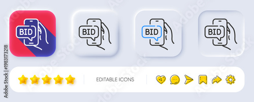 Bid offer line icon. Neumorphic, Flat shadow, 3d buttons. Auction sign. Raise the price up symbol. Line bid offer icon. Social media icons. Vector
