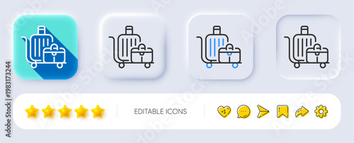 Baggage cart line icon. Neumorphic, Flat shadow, 3d buttons. Travel luggage sign. Journey bag trolley symbol. Line baggage cart icon. Social media icons. Vector