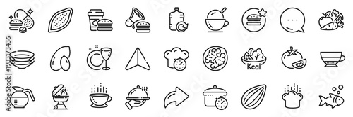 Fast food, Vegetables and Cocoa nut line icons pack. Share, Message, Paper plane icons. Boiling pan, Best food, Coffeepot web icon. Ice cream, Walnut, Tomato pictogram. Vector