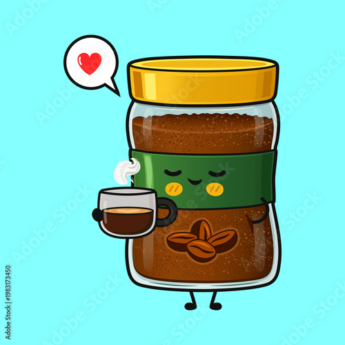 Cute cartoon instant coffee jar holding espresso cup