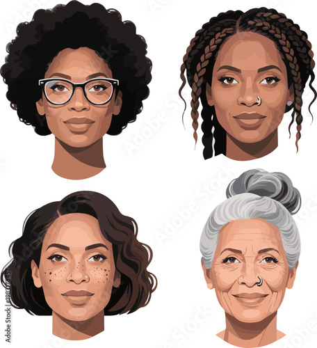 Isolated a realistic kinds of deferent unique woman vector art with white background..
