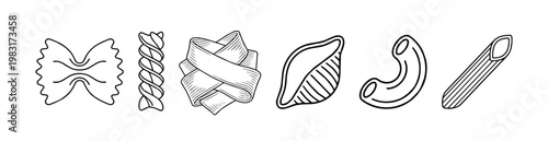 italian pasta shapes outline vector illustration set collection ( fusilli, farfalle, pappardelle, penne, maccaroni)