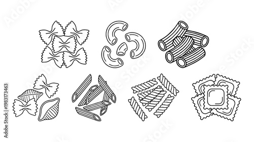 Italian pasta types outline vector illustration set collection (macaroni, penne, fusilli, farfalle, rigatoni, ravioli)