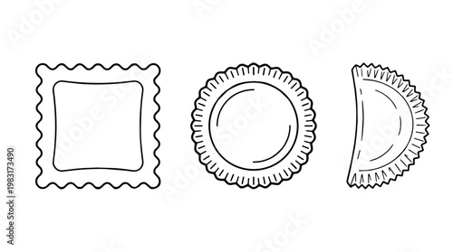 Ravioli pasta shapes outline vector illustration set collection