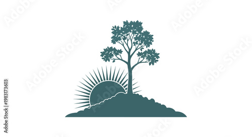 Sunrise over a hill with a single tree, representing nature and growth