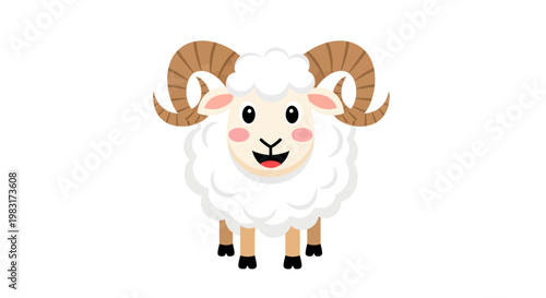 A cheerful cartoon illustration of a fluffy sheep with curved horns, perfect for festive occasions and agricultural themes