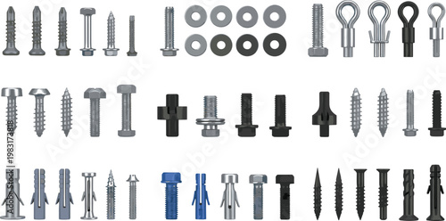 Metal fasteners collection with screws bolts nuts rivets and anchors hardware construction elements vector set isolated on white background