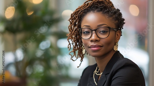 Confident woman with locs and glasses, wearing a black blazer and jewelry, poses for a portrait