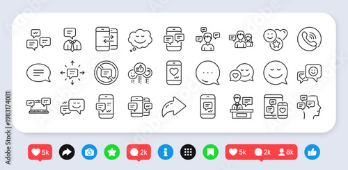 Message sms and Communication icons. Social media: share, comment, like icons. Conversation, Group chat and Speech bubbles icons. SMS communication, Phone chat and Stop talking symbols. Vector