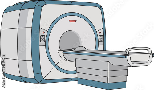 Medical MRI scanner with patient bed in clean white background vector illustration